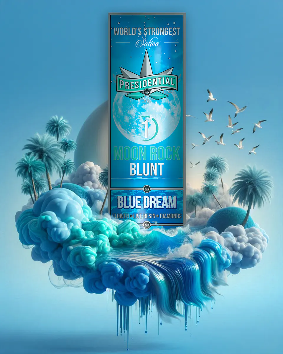 Presidential Blue Dream blunt packaging artwork in a portrait layout
