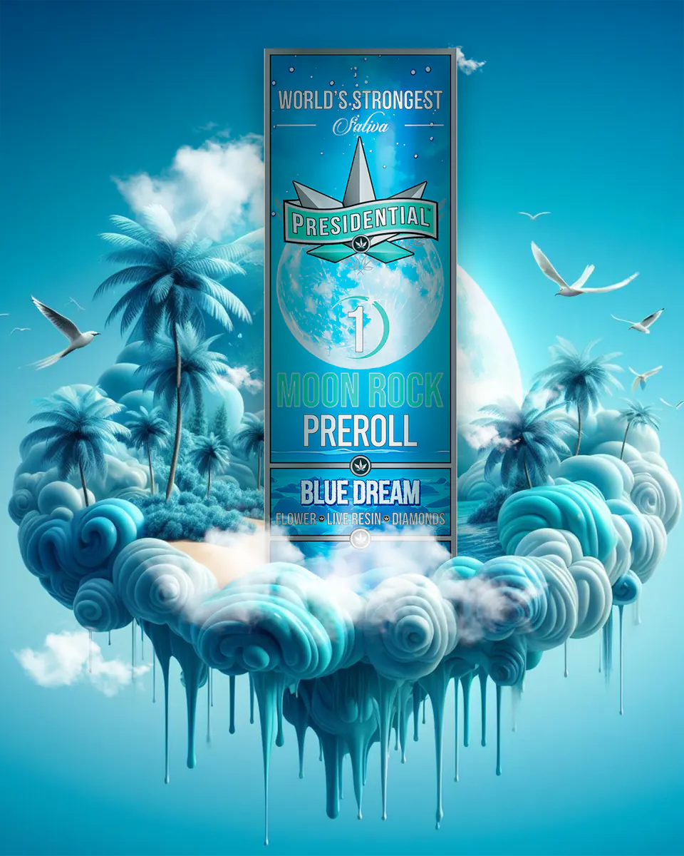Presidential Blue Dream infused pre-roll packaging artwork in a portrait layout