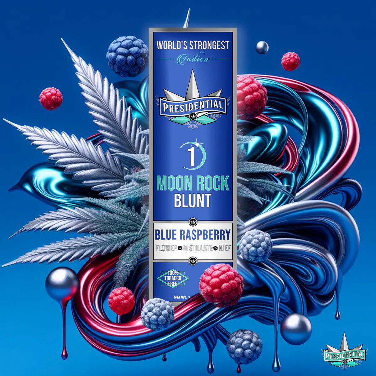Presidential Blue Raz blunt packaging artwork in a square layout