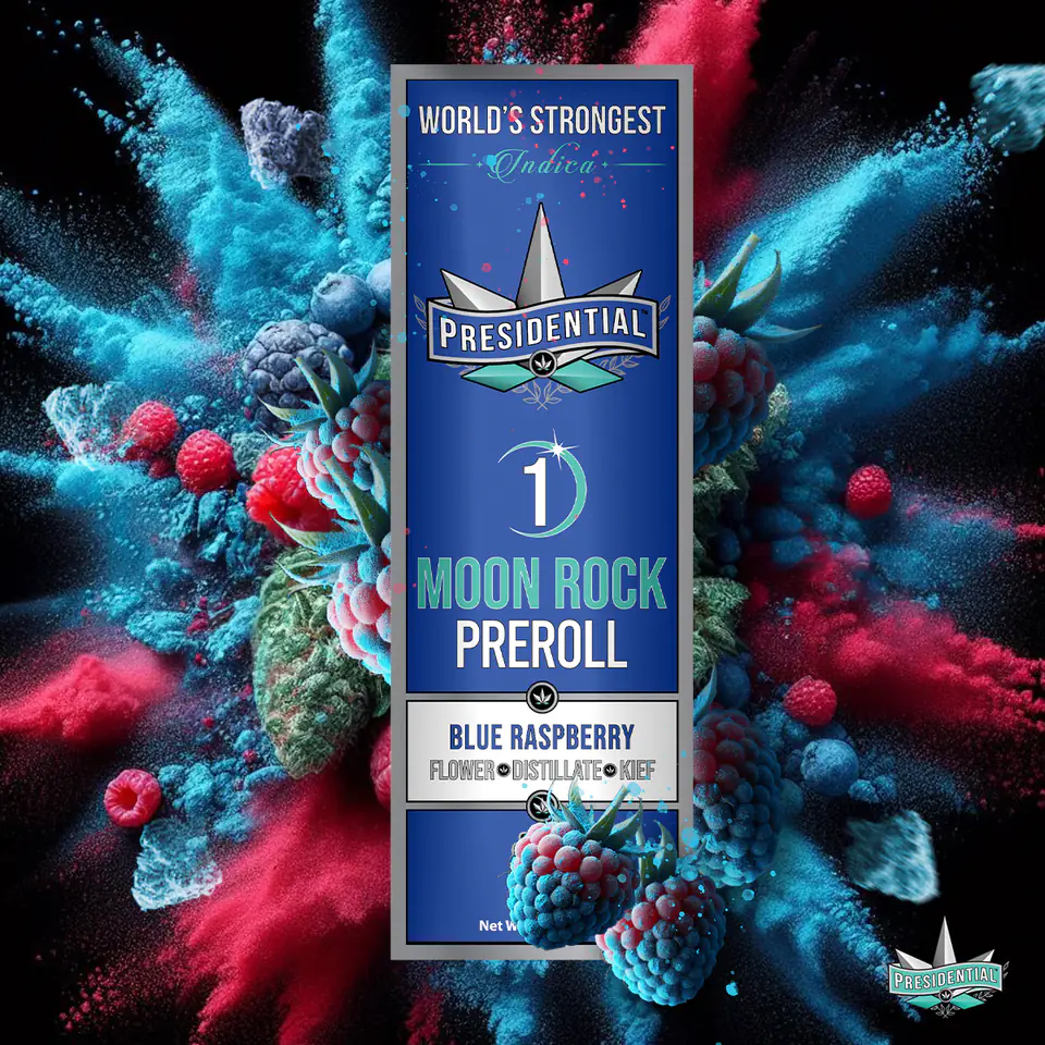 Presidential Blue Raz infused pre-roll packaging artwork in a square layout