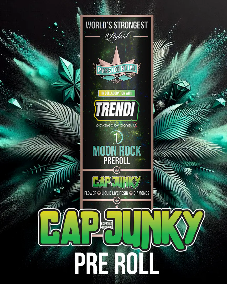 Presidential Cap Junky infused pre-roll packaging artwork in a portrait layout