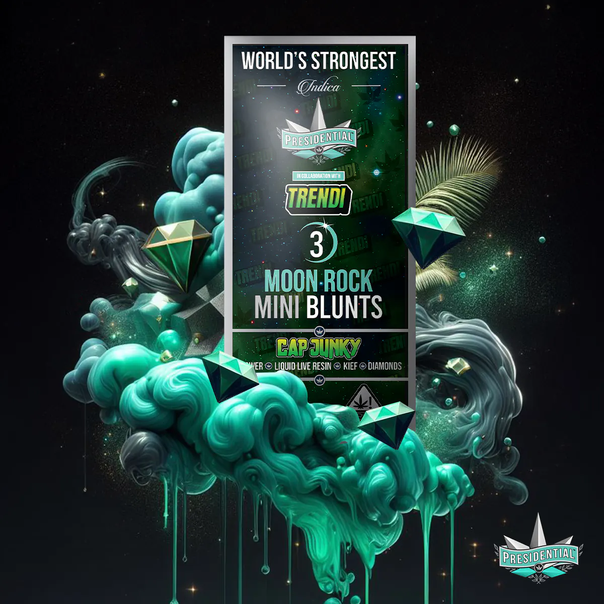 Presidential Cap Junky mini blunt packaging artwork in a square layout