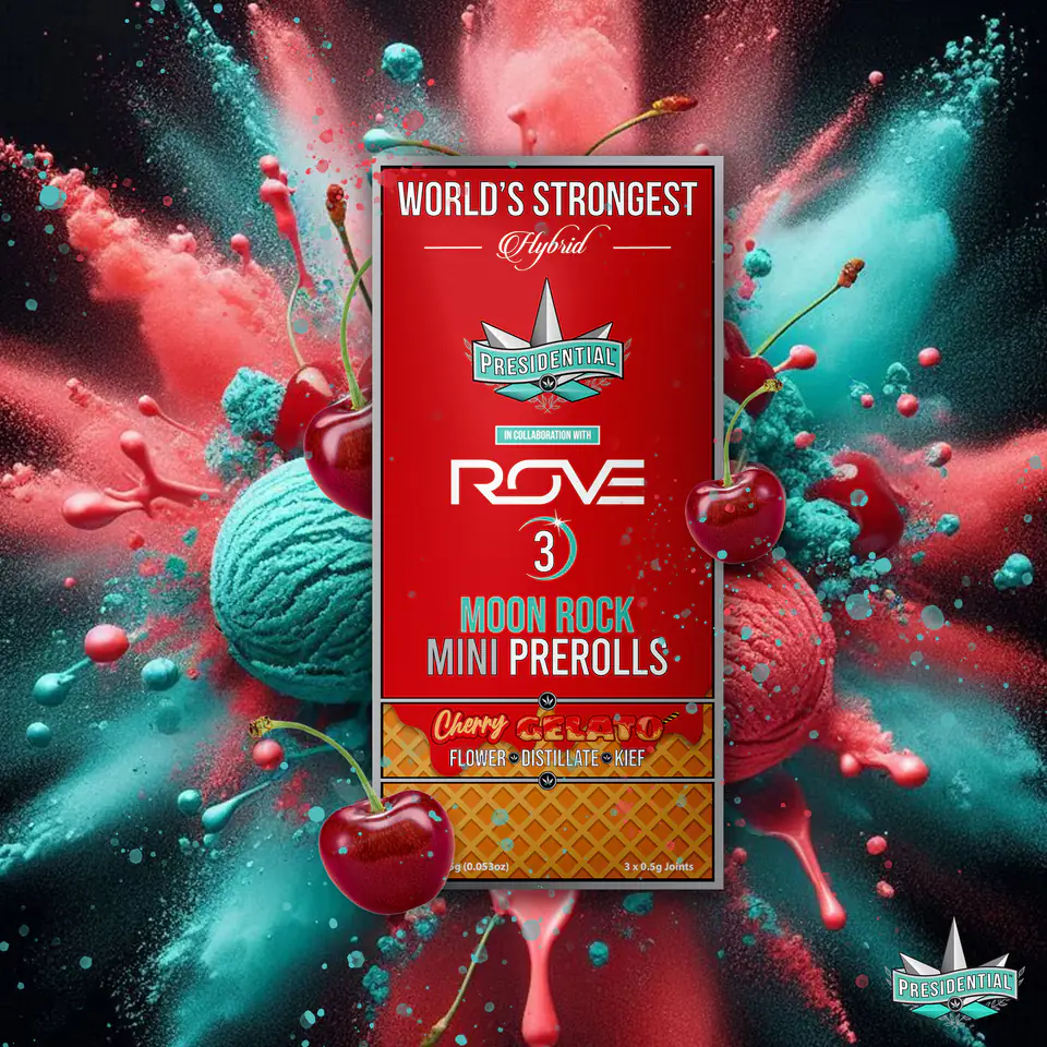 Presidential Cherry Gelato mini pre-roll packaging artwork in a square layout