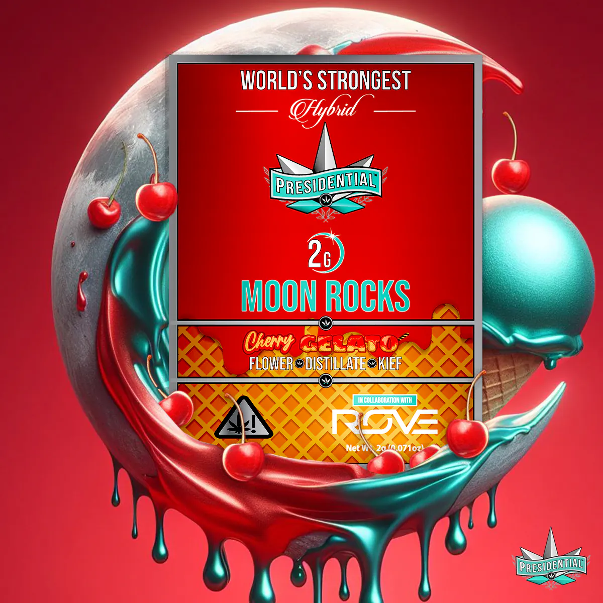 Presidential Cherry Gelato moon rocks packaging artwork in a square layout