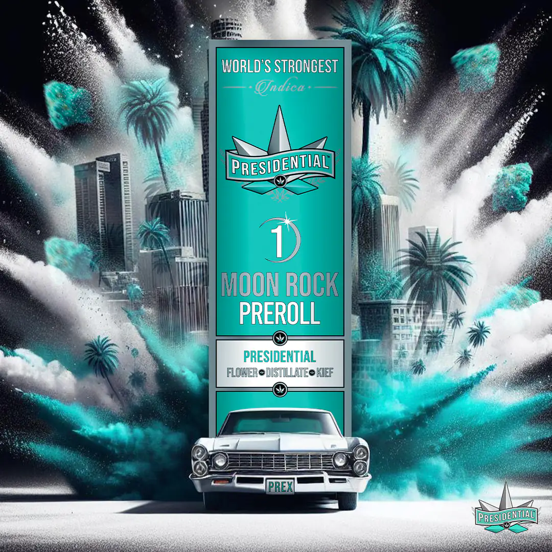 Presidential Classic infused pre-roll packaging artwork in a square layout