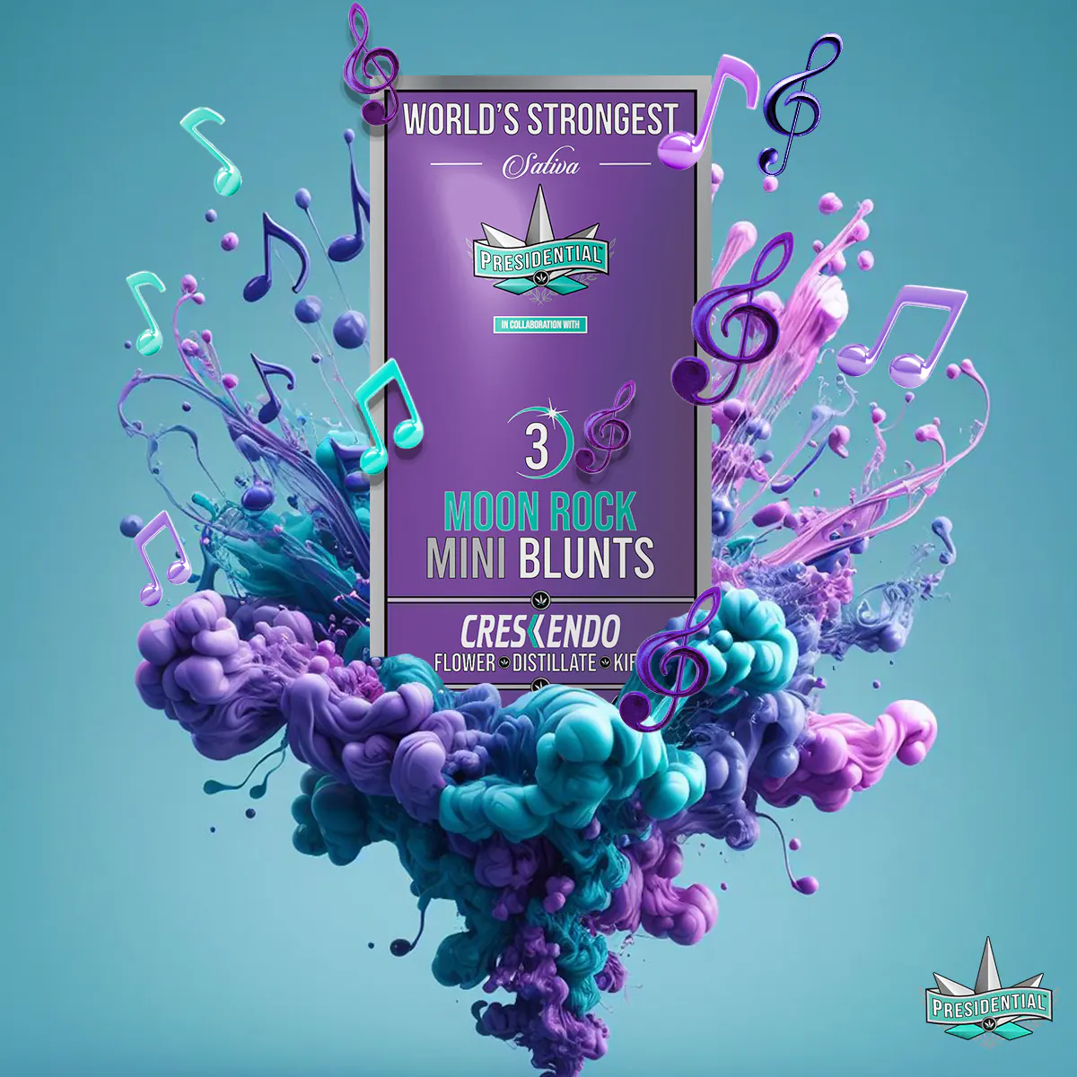 Presidential Crescendo mini blunt packaging artwork in a square layout
