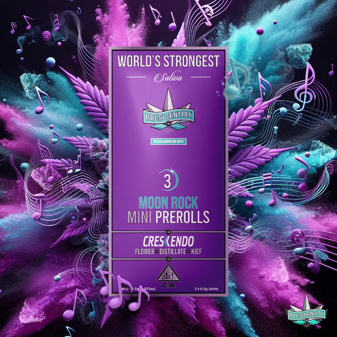 Presidential Crescendo mini pre-roll packaging artwork in a square layout