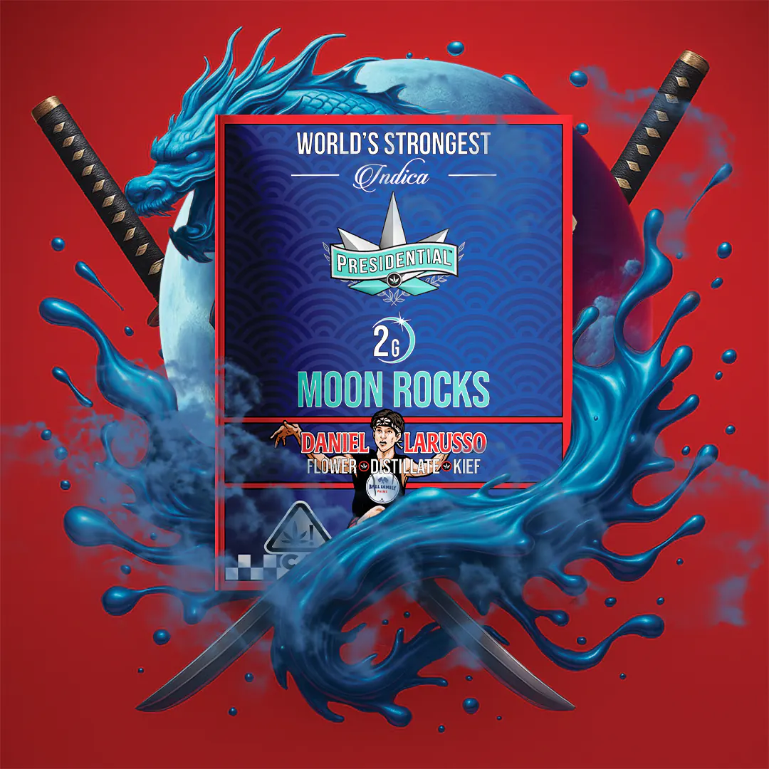 Presidential Daniel Larusso moon rocks packaging artwork in a square layout