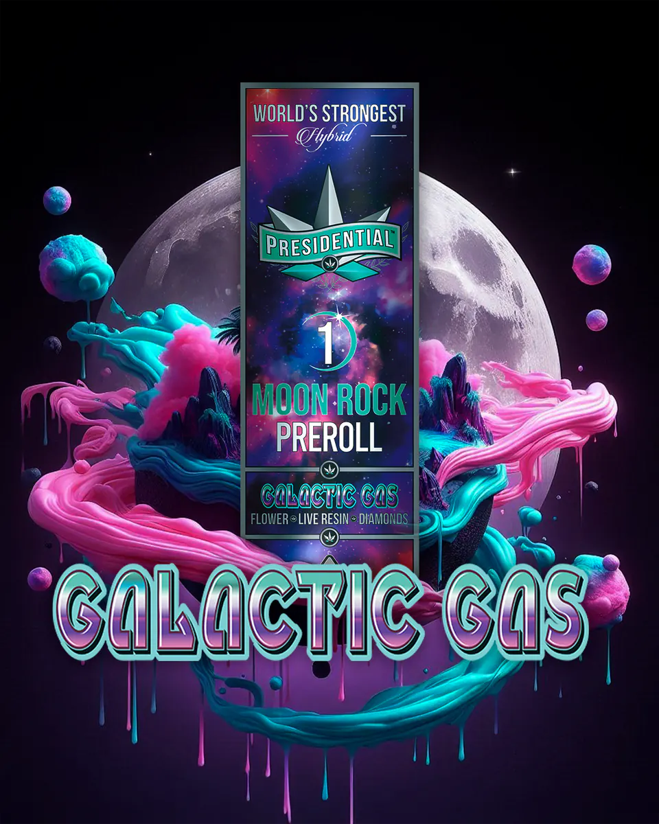 Presidential Galactic Gas infused pre-roll packaging artwork in a portrait layout