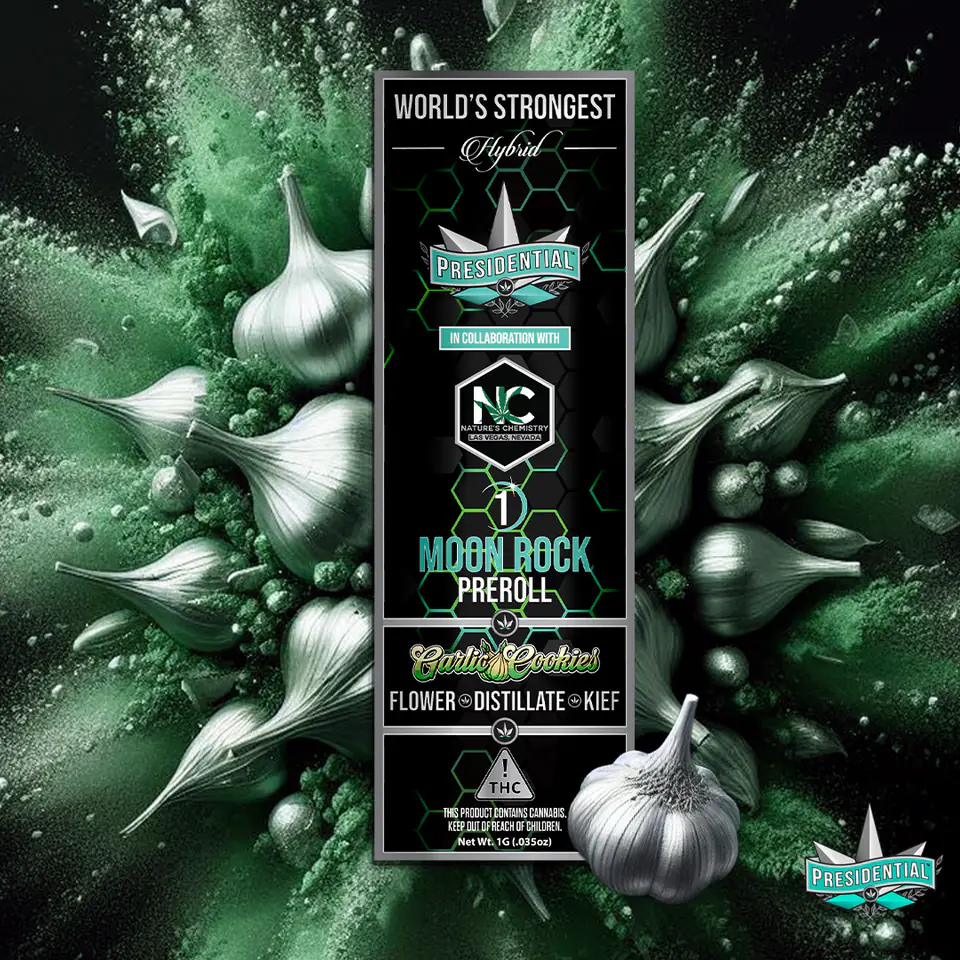 Presidential Garlic Cookie infused pre-roll packaging artwork in a square layout