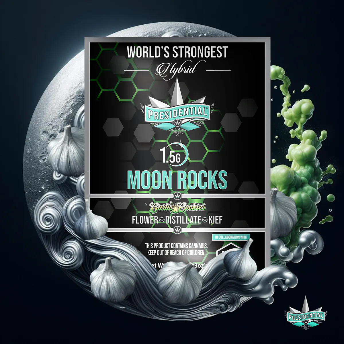 Presidential Garlic Cookie moon rocks packaging artwork in a square layout