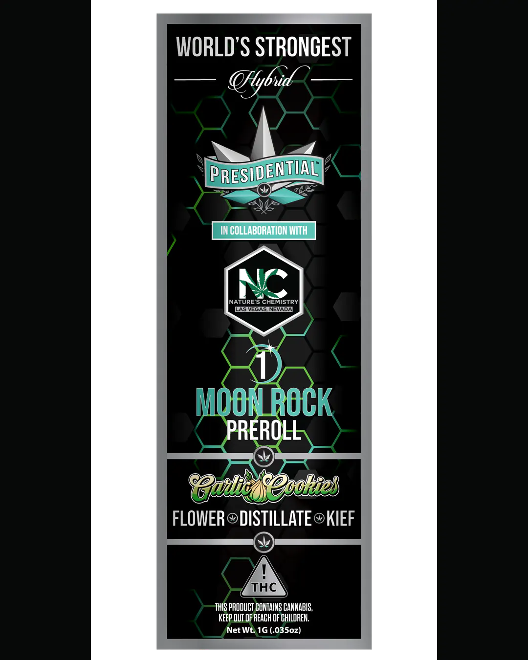 Presidential Garlic Cookies infused pre-roll vertical menu label artwork