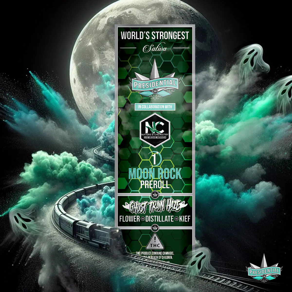 Presidential Ghost Haze infused pre-roll packaging artwork in a square layout