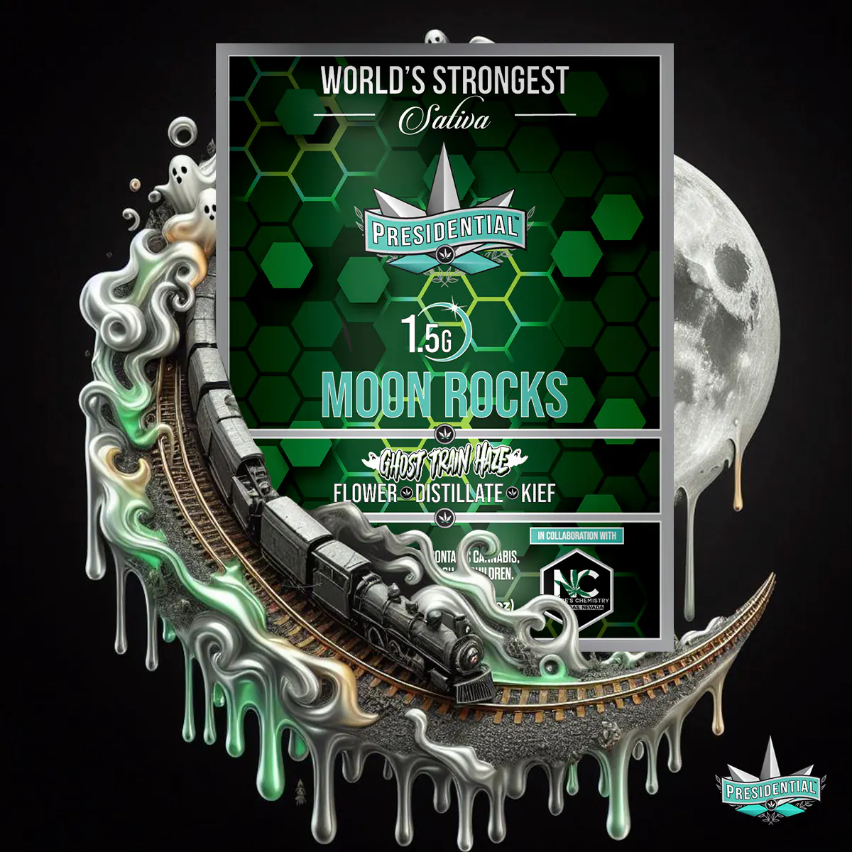 Presidential Ghost Haze moon rocks packaging artwork in a square layout