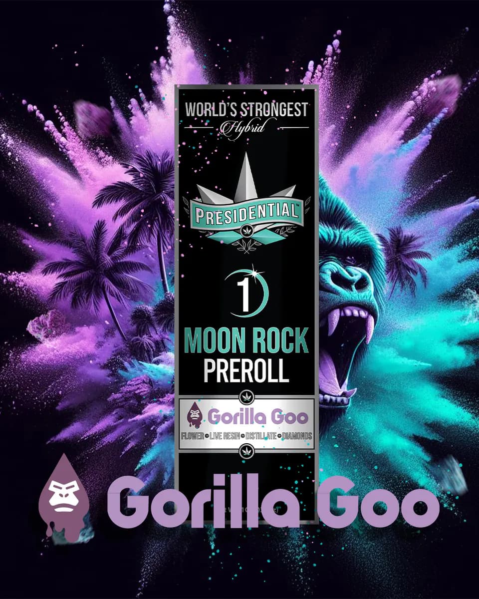 Presidential Gorilla Goo infused pre-roll packaging artwork in a portrait layout