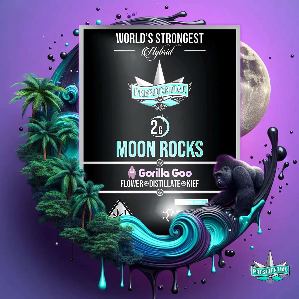 Presidential Gorilla Goo moon rocks packaging artwork in a square layout