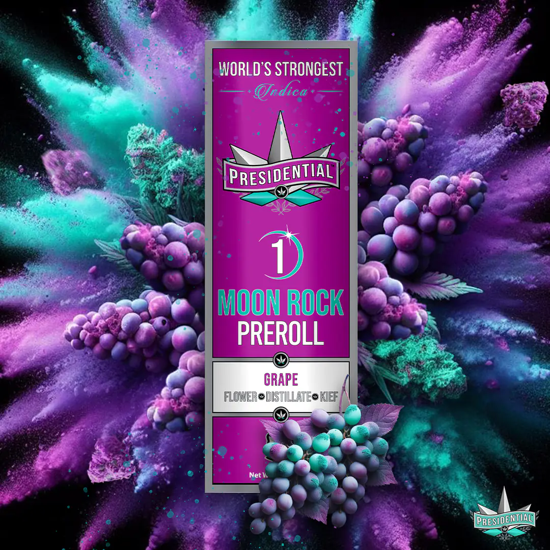 Presidential Grape infused pre-roll packaging artwork in a square layout
