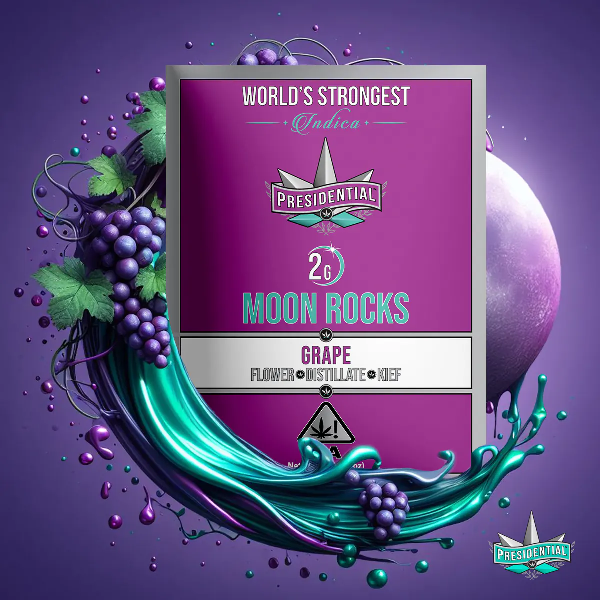 Presidential Grape moon rocks packaging artwork in a square layout