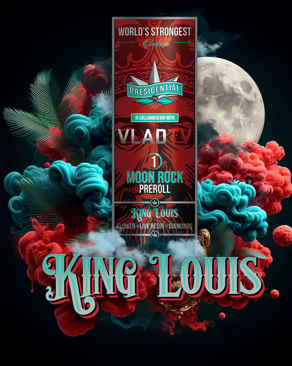 Presidential King Louis infused pre-roll packaging artwork in a portrait layout