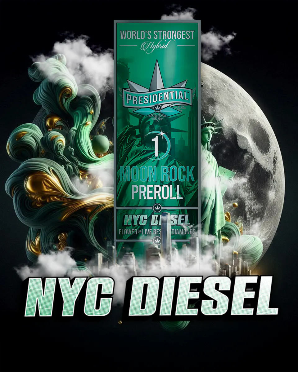 Presidential NYC Diesel infused pre-roll packaging artwork in a portrait layout