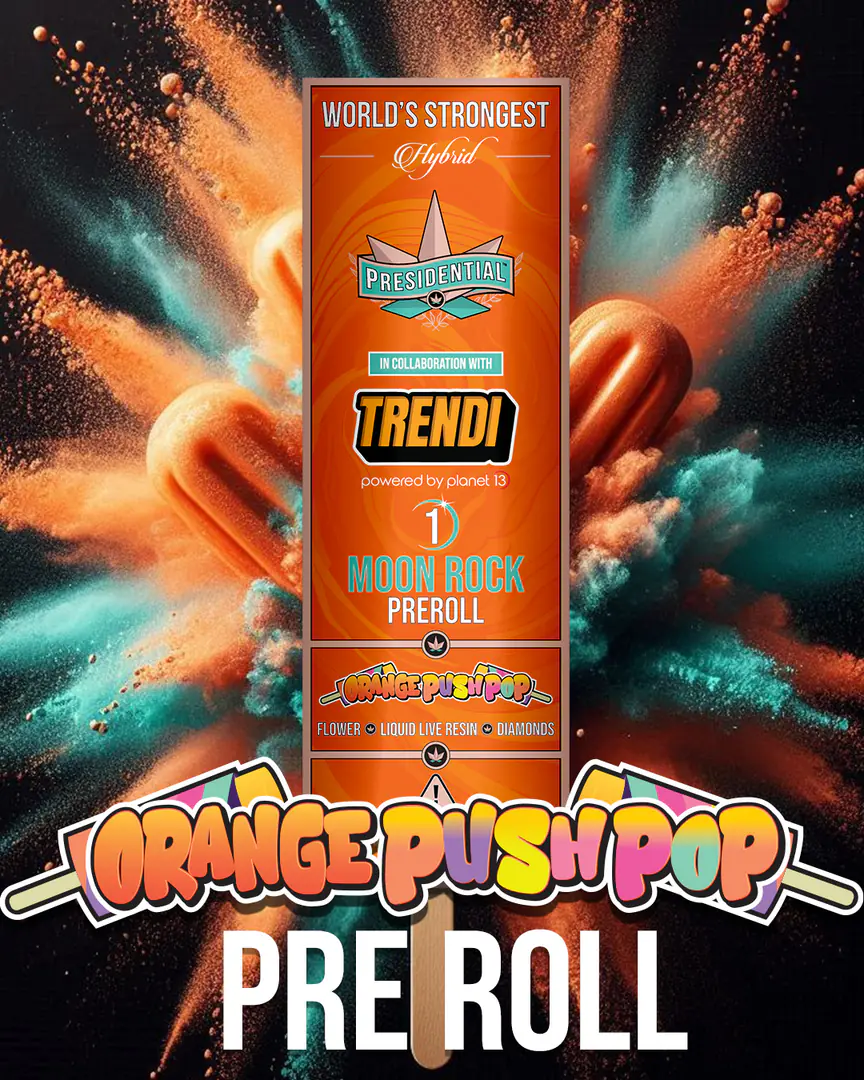 Presidential Orange Push Pop infused pre-roll packaging artwork in a portrait layout