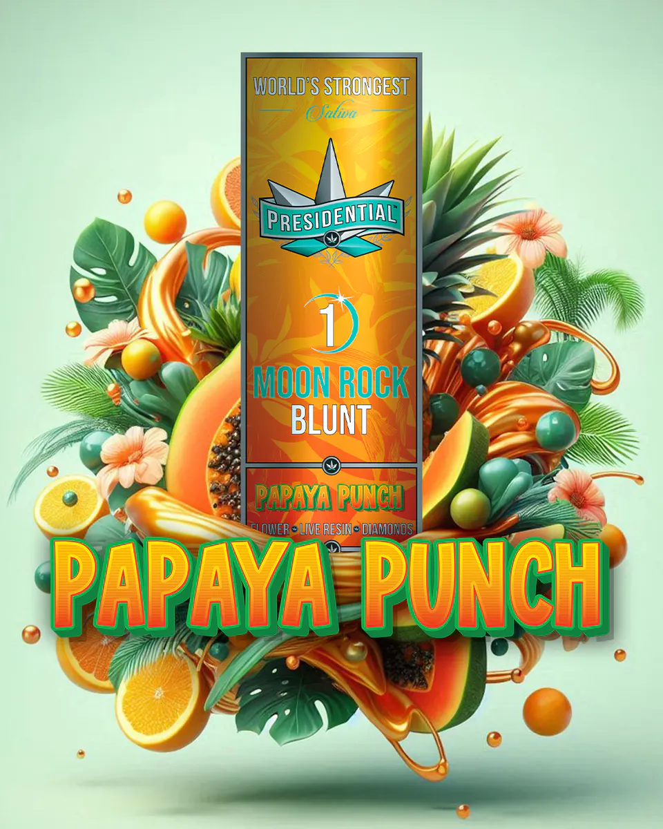 Presidential Papaya Punch blunt packaging artwork in a portrait layout