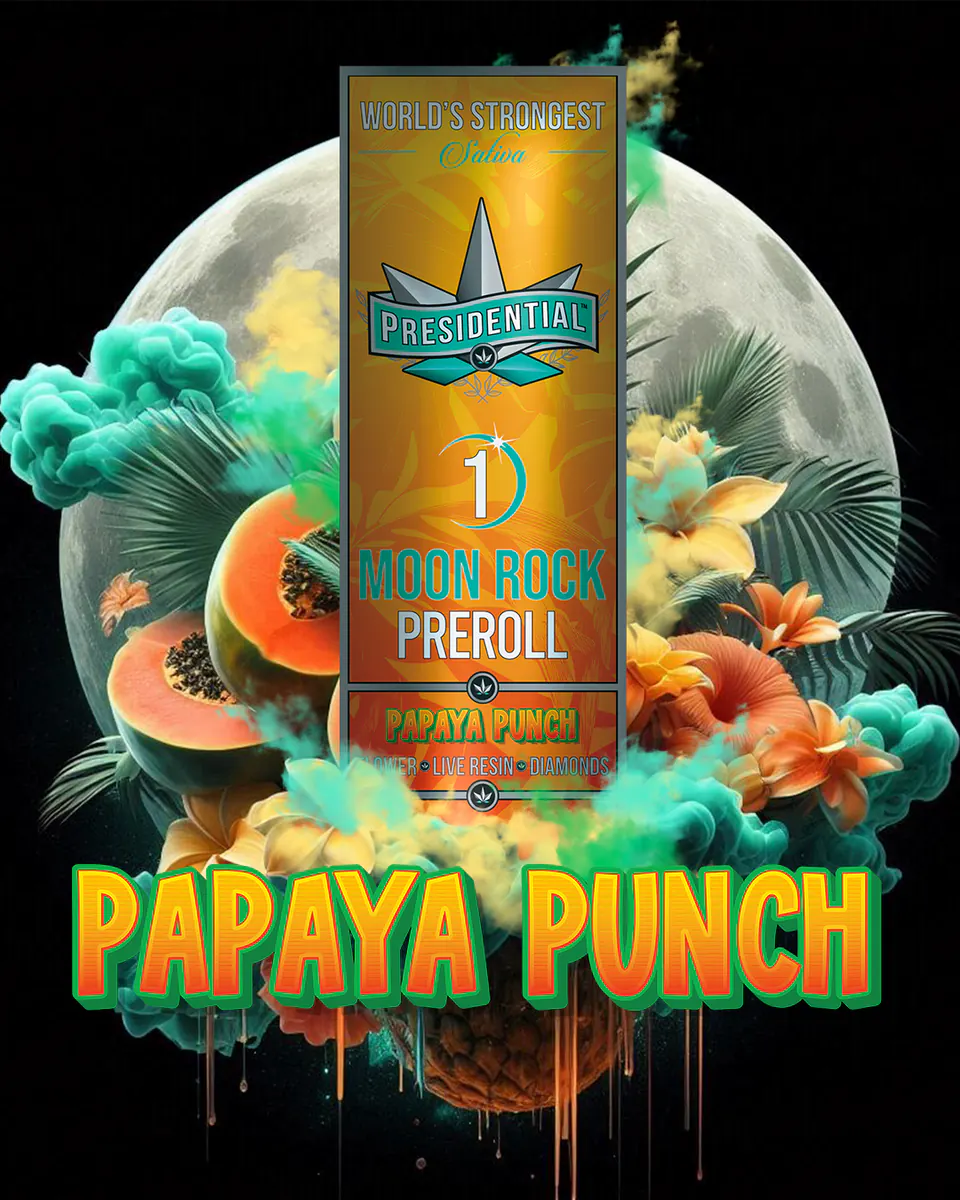 Presidential Papaya Punch infused pre-roll packaging artwork in a portrait layout