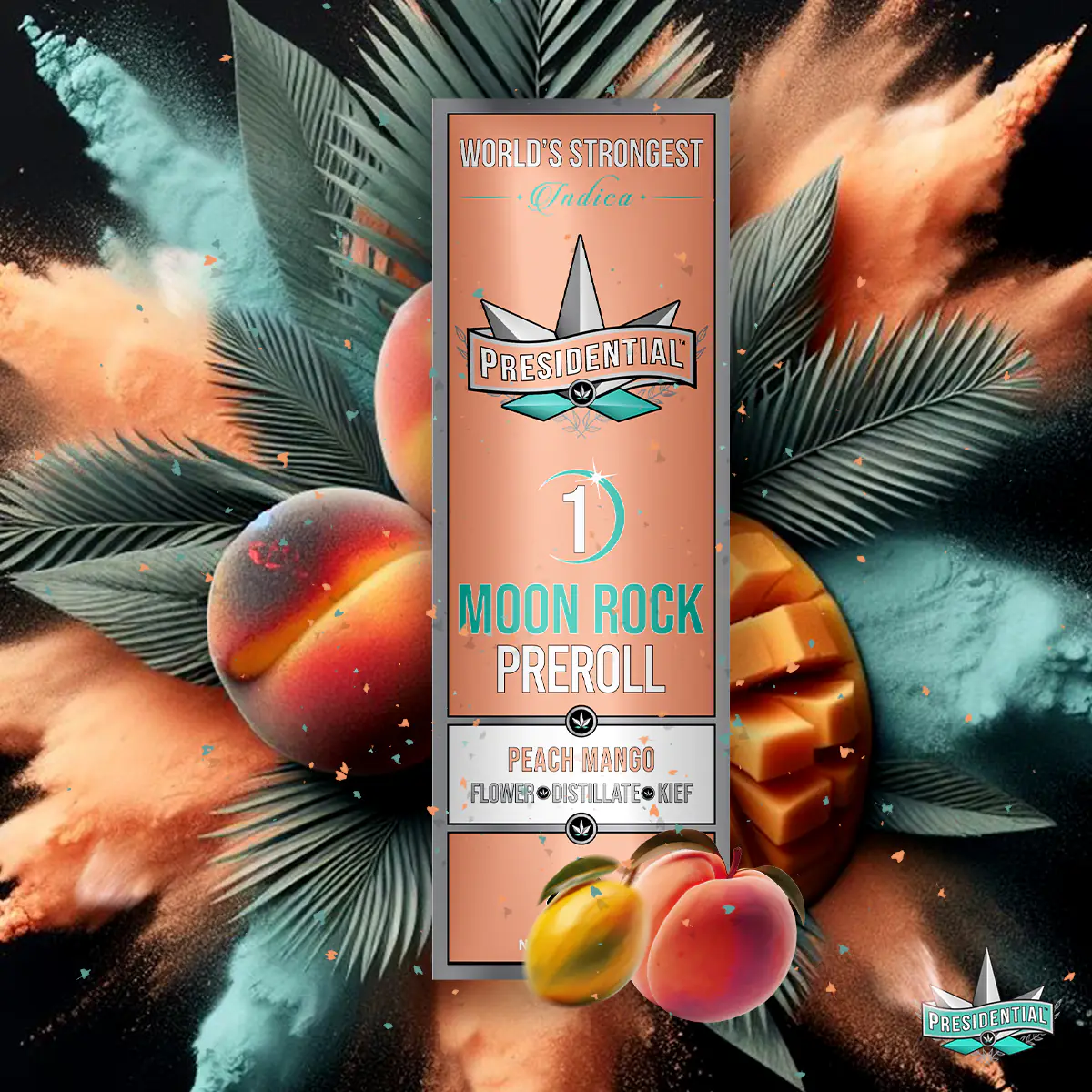 Presidential Peach Mango infused pre-roll packaging artwork in a square layout