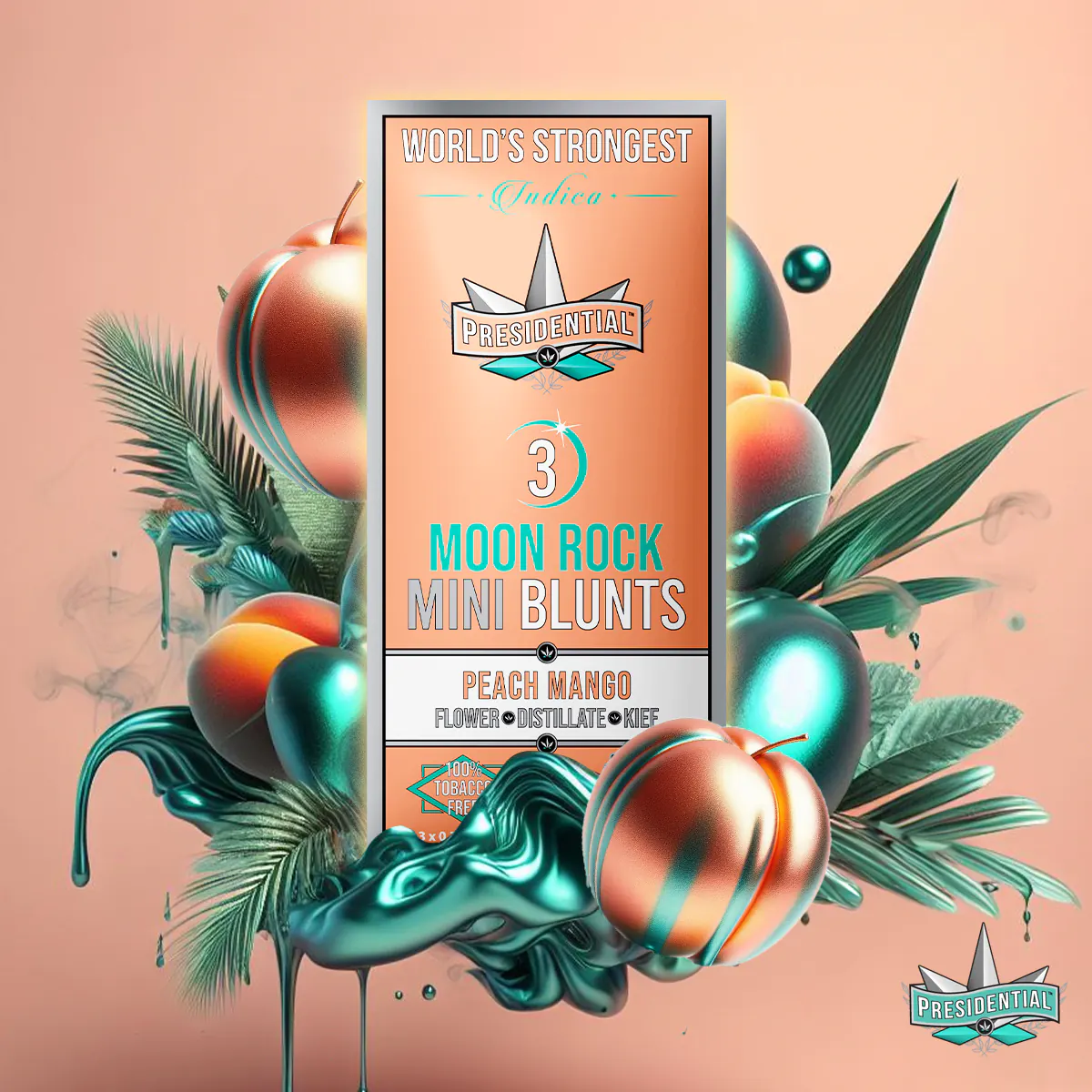 Presidential Peach Mango mini blunt packaging artwork in a square layout