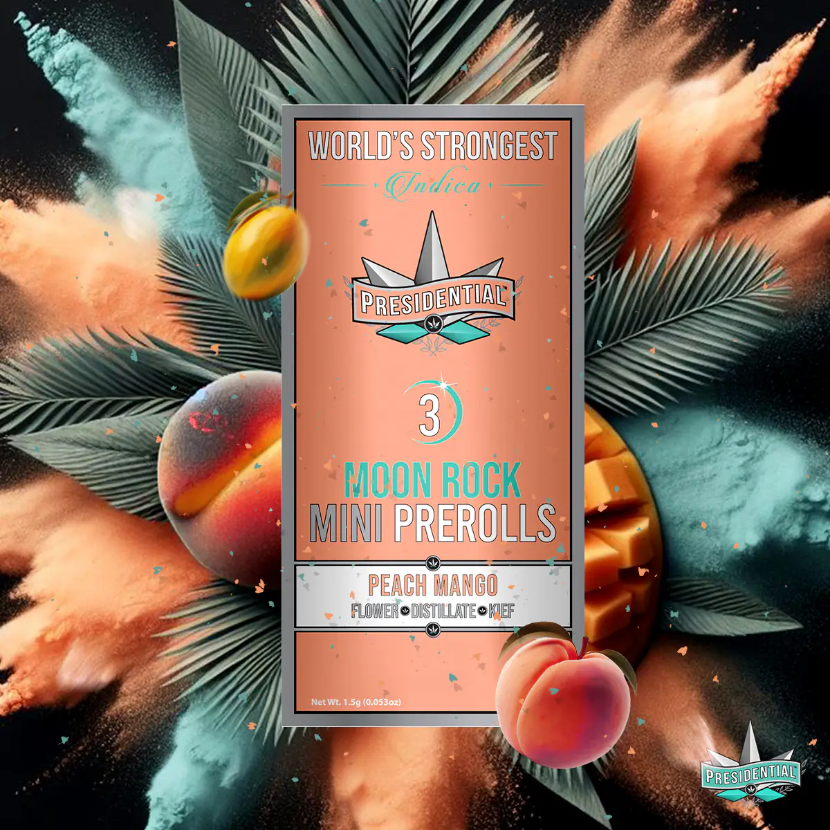 Presidential Peach Mango mini pre-roll packaging artwork in a square layout