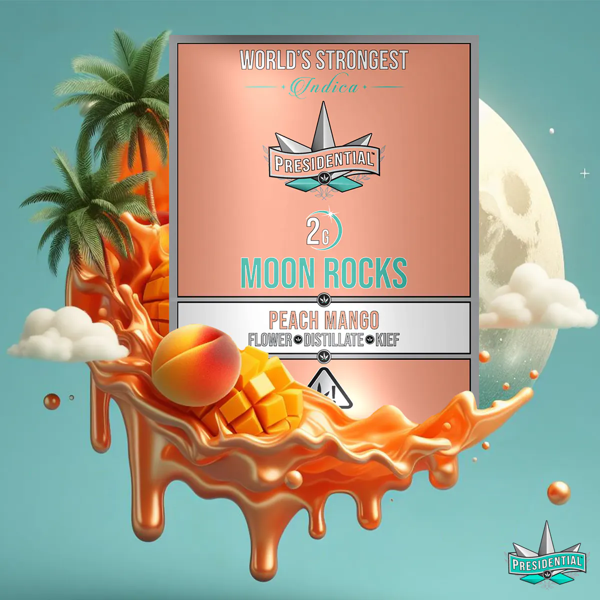 Presidential Peach Mango moon rocks packaging artwork in a square layout