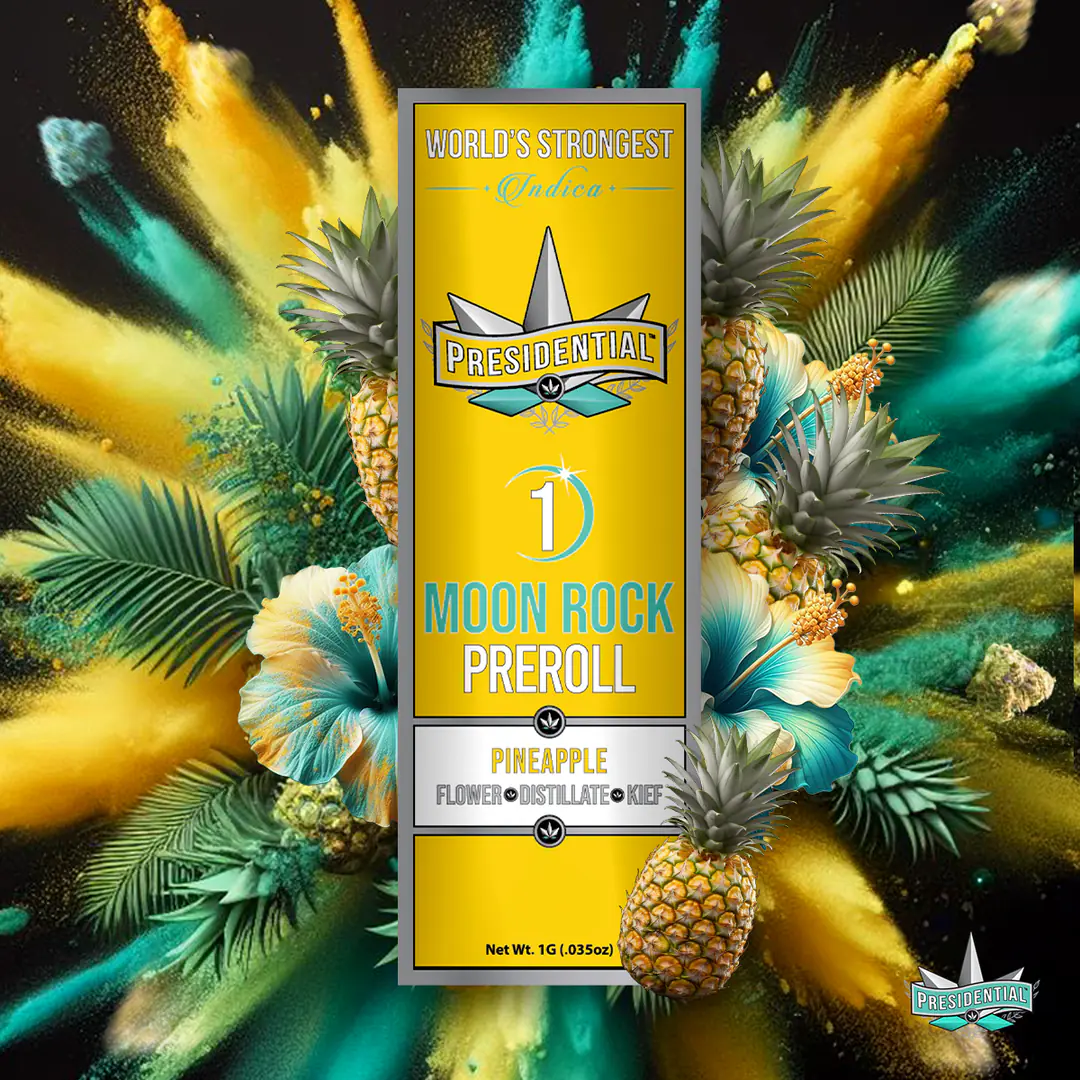 Presidential Pineapple infused pre-roll packaging artwork in a square layout