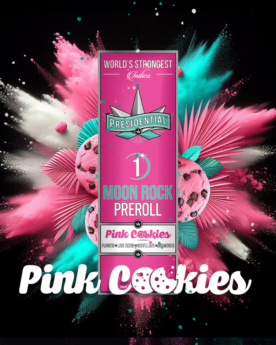 Presidential Pink Cookie infused pre-roll packaging artwork in a portrait layout