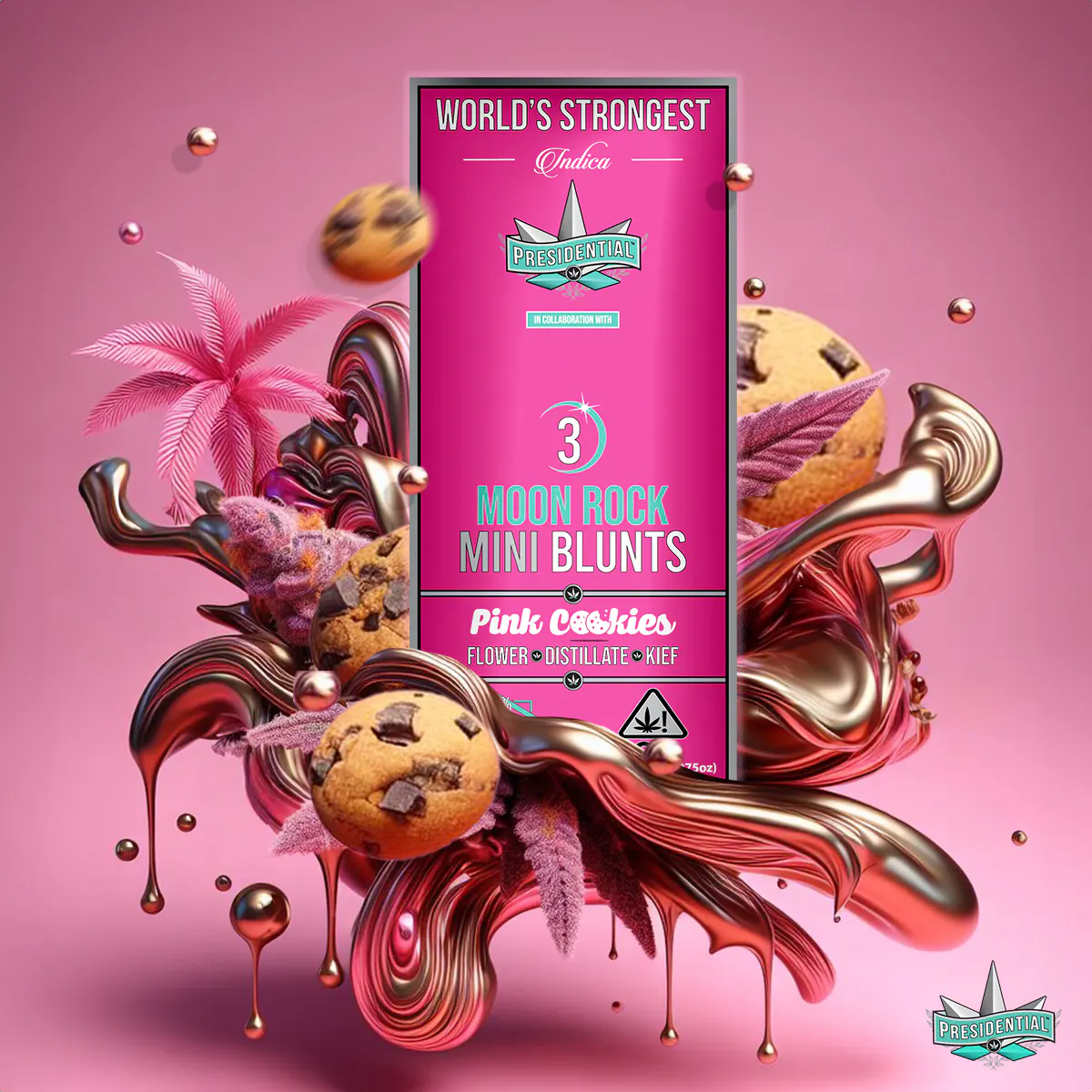 Presidential Pink Cookie mini blunt packaging artwork in a square layout