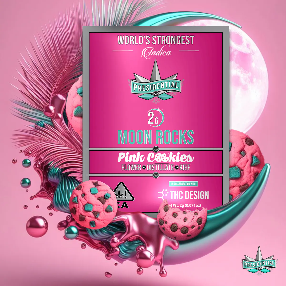 Presidential Pink Cookie moon rocks packaging artwork in a square layout
