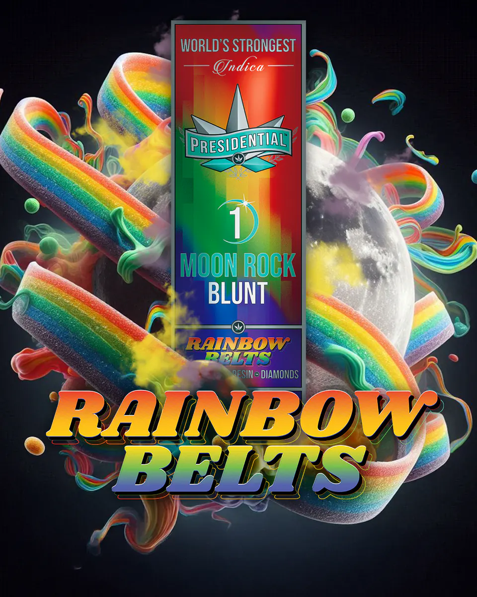Presidential Rainbow Belts blunt packaging artwork in a portrait layout