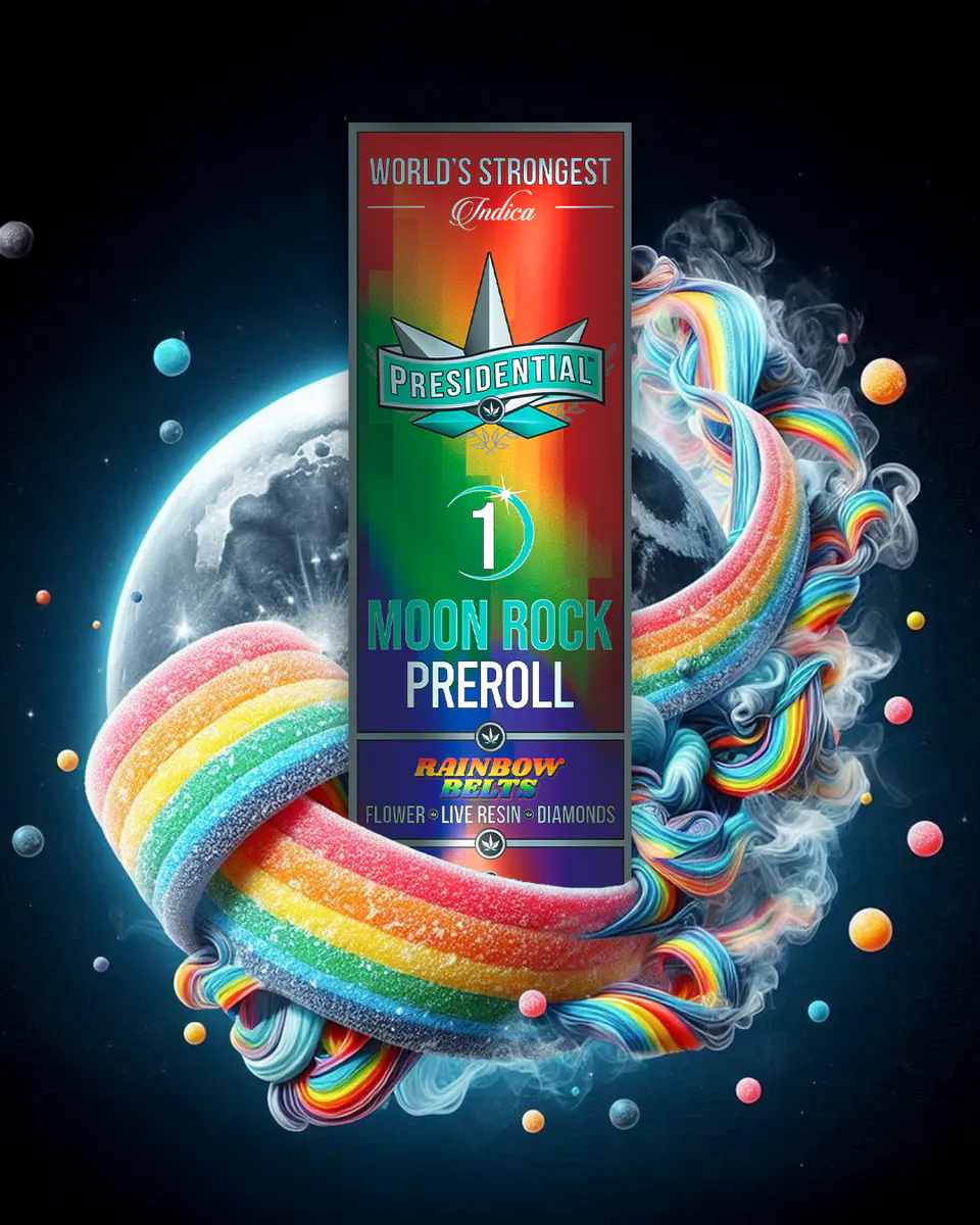 Presidential Rainbow Belts infused pre-roll packaging artwork in a portrait layout