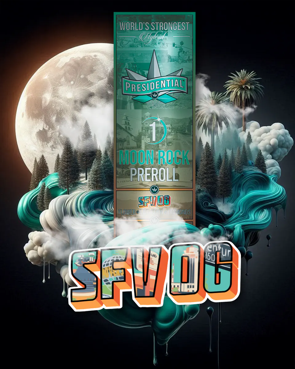 Presidential SFV OG infused pre-roll packaging artwork in a portrait layout