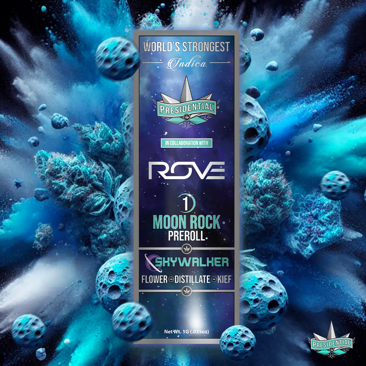 Presidential Skywalker infused pre-roll packaging artwork in a square layout
