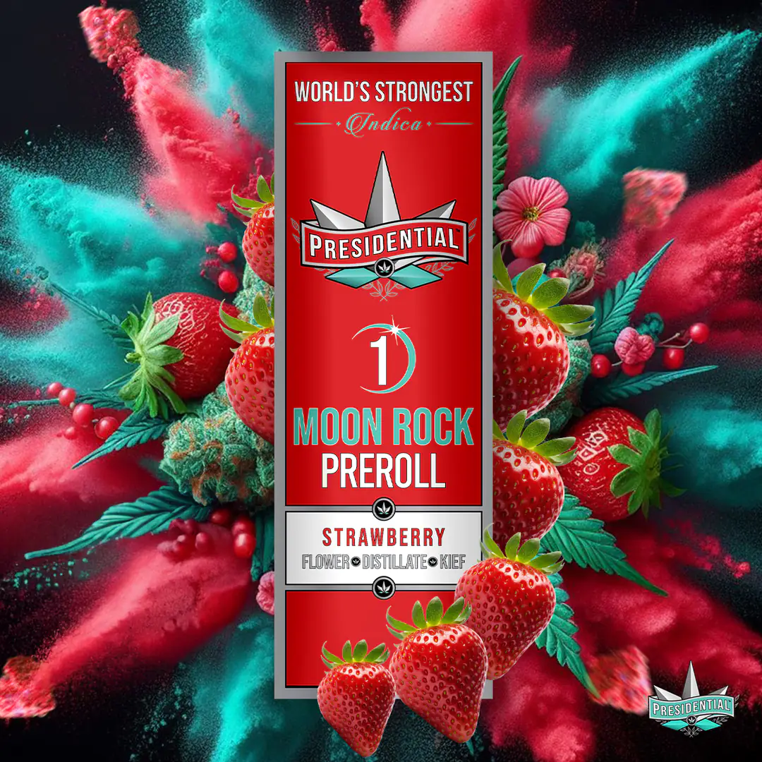 Presidential Strawberry infused pre-roll packaging artwork in a square layout