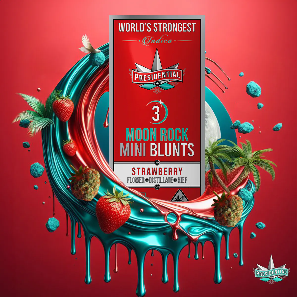 Presidential Strawberry mini blunt packaging artwork in a square layout