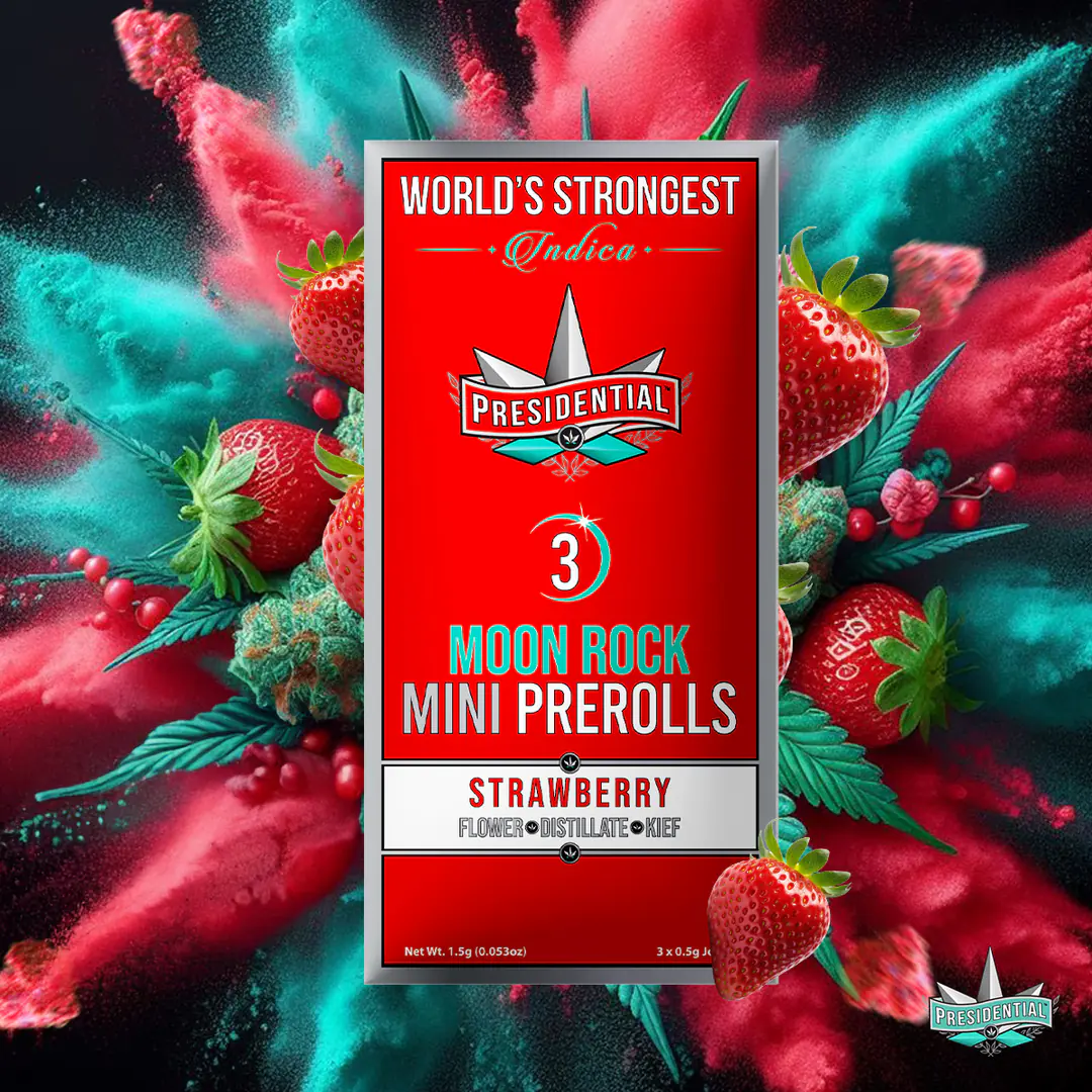 Presidential Strawberry mini pre-roll packaging artwork in a square layout