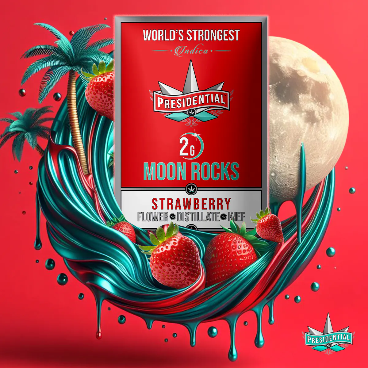 Presidential Strawberry moon rocks packaging artwork in a square layout