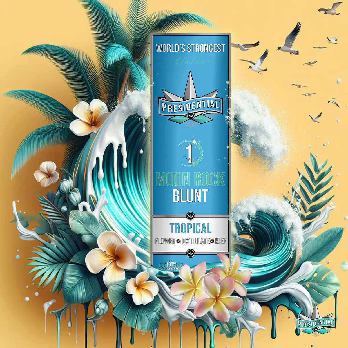 Presidential Tropical blunt packaging artwork in a square layout