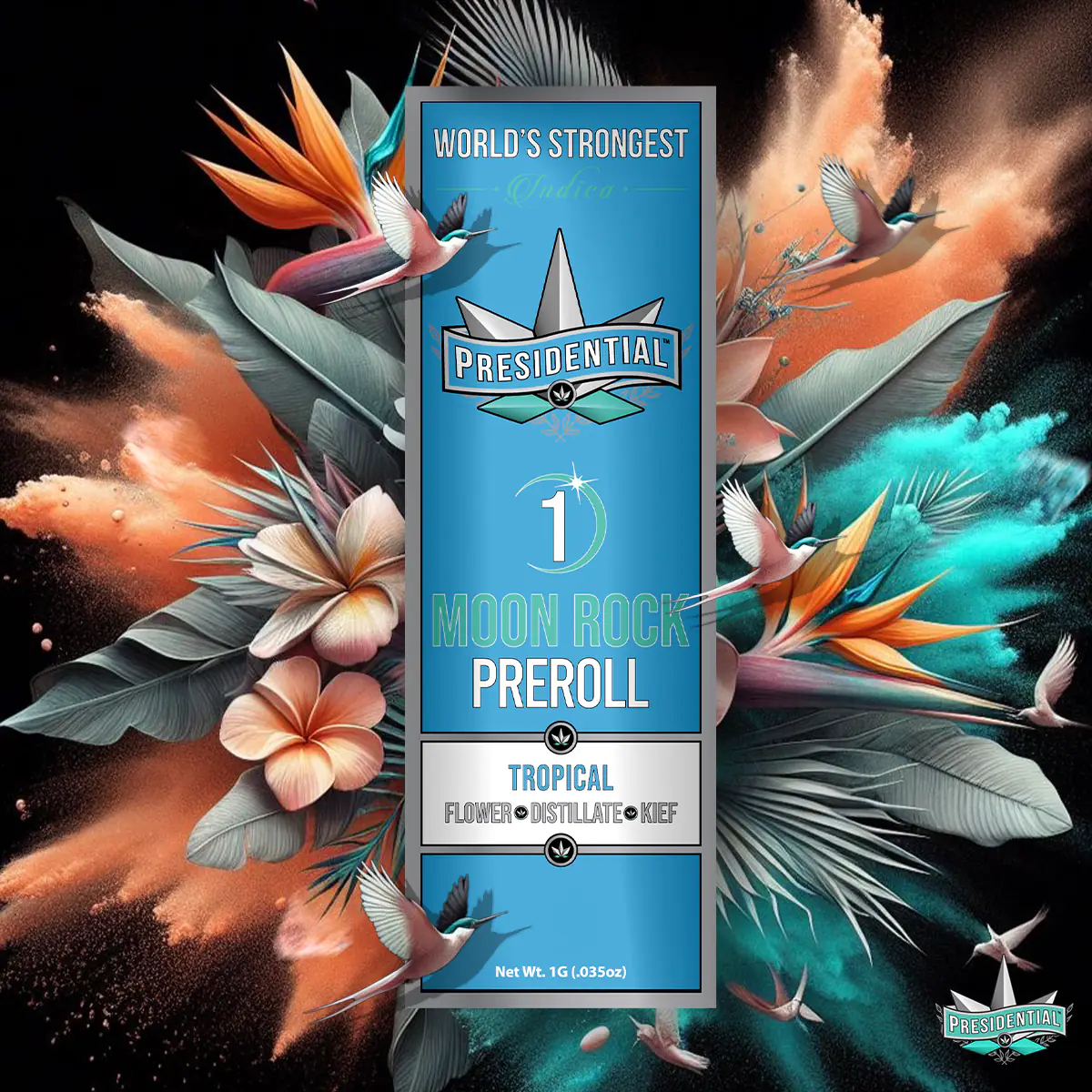 Presidential Tropical infused pre-roll packaging artwork in a square layout