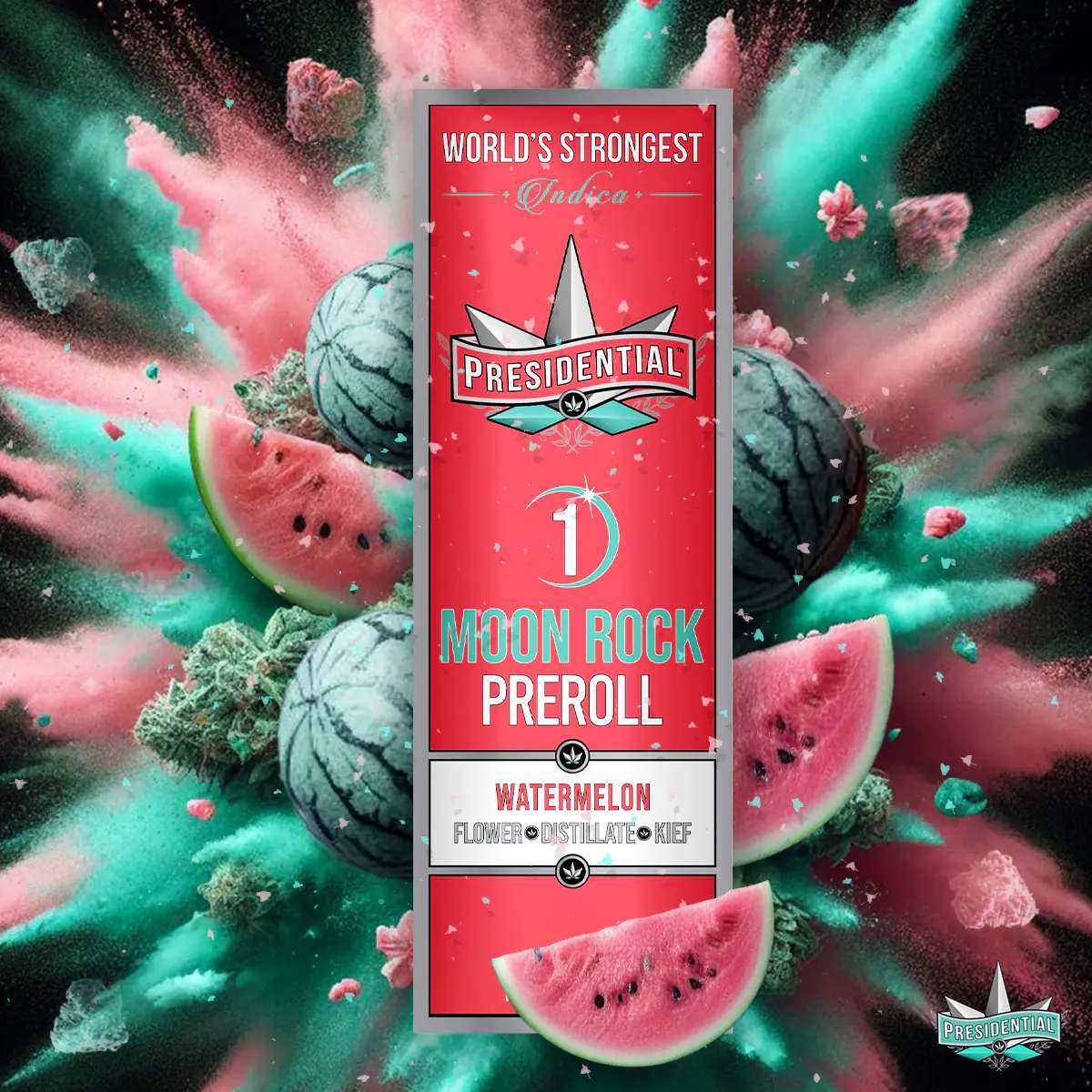 Presidential Watermelon infused pre-roll packaging artwork in a square layout