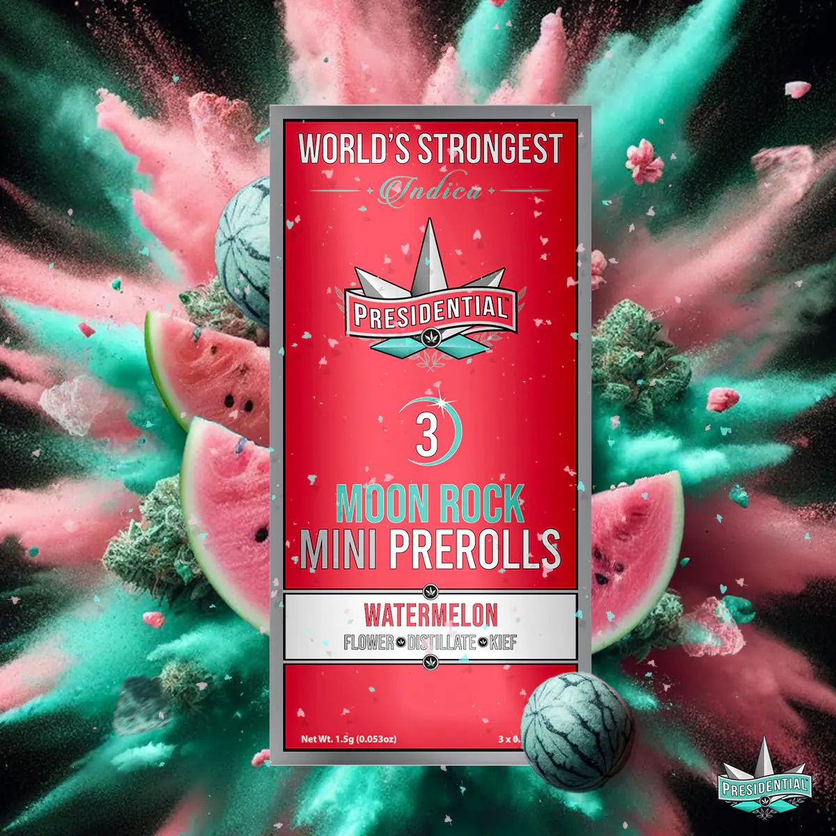 Presidential Watermelon mini pre-roll packaging artwork in a square layout