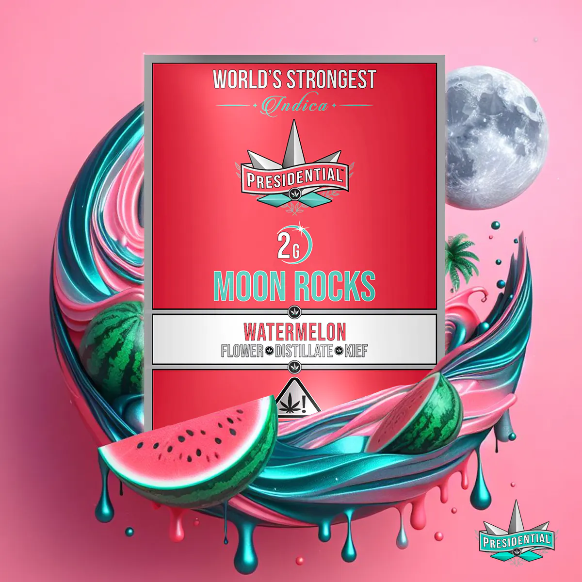 Presidential Watermelon moon rocks packaging artwork in a square layout