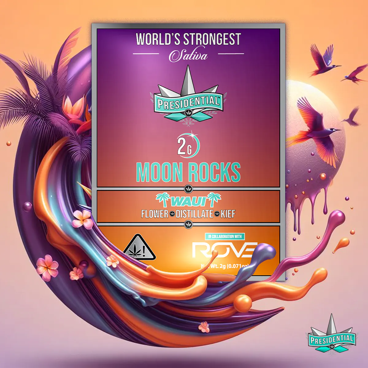 Presidential Waui moon rocks packaging artwork in a square layout