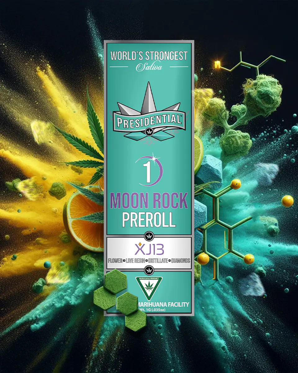Presidential XJ-13 infused pre-roll packaging artwork in a portrait layout